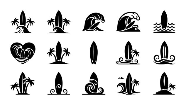 Surfing logo collection, 15 black surfboard icons with ocean waves and palm trees, minimalist summer beach vector set for branding and apparel