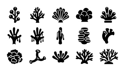 Minimalist coral reef icons set, black silhouette sea plants and underwater flora collection, 15 ocean life vector elements for marine conservation © Jannat