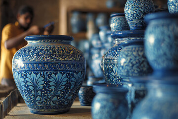 Naklejka premium Modern rajasthani artisan painting traditional blue pottery in jaipur craft workshop, detailed brushwork and ceramic patterns, natural window light, shallow depth of field, background with natural