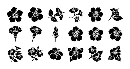 Tropical hibiscus flower silhouettes, set of 18 black floral icons, exotic botanical blossom vector elements for summer wedding invitations and logo design © Sumaiya