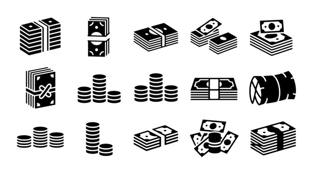 Minimalist money icons set, black and white currency vector illustrations, 15 financial cash and coin stack elements for banking and business design