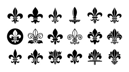 Vintage fleur de lis collection, 18 black heraldic lily icons, royal decorative symbols for luxury branding and classic pattern design © Sumaiya