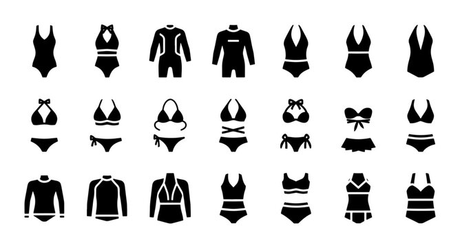 Swimwear icon set with 21 black silhouettes, female bathing suits and bikini vector collection, summer beach apparel and wetsuit illustrations