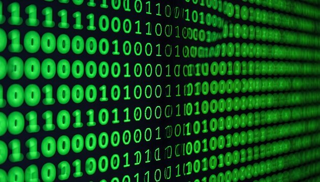 A green matrix-like screen with binary code