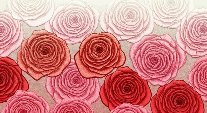 Close-up of vibrant red and pink roses in full bloom.