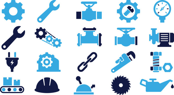 Industrial and mechanical parts including gears wrenches pipes and tools.