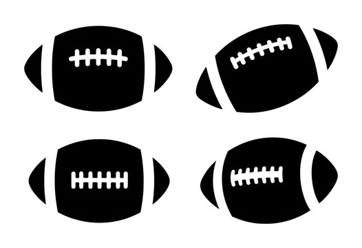 American football ball icons set, black silhouette sports equipment vector collection, minimalist rugby ball graphics for team logos and athletic branding