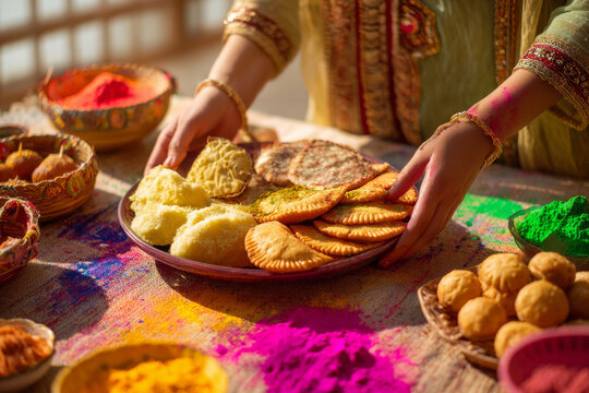 Professional scene of indian woman placing festive holi dessert platter with gujiya, laddoo and malpua on table surrounded by bright gulaal powders, celebration atmosphere, natural daylight, for