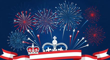 Obraz premium Colorful fireworks explode over a dark night sky with vibrant red white and blue bursts accompanied by regal crowns and ribbons in a celebratory scene