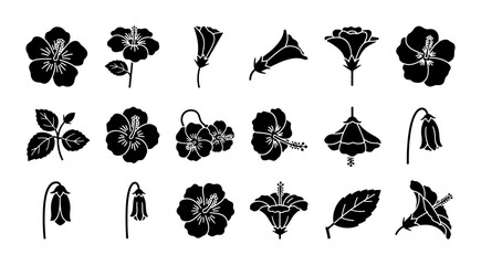 Black hibiscus flower silhouette icons, set of 18 tropical floral vector elements, minimalist botanical blossom shapes for logo design and branding © Mahir