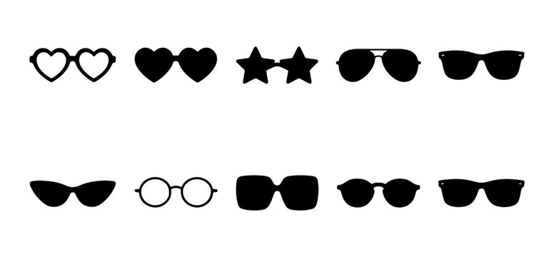 Minimalist sunglasses icons set, black eyewear silhouettes including heart and star shapes, 10 fashion glasses vector elements for summer and travel design