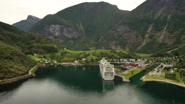 Aerial view of Flam village with cruise ship in Aurlandsfjord, Norway.