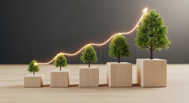 Business growth concept with green trees on wooden blocks and rising financial arrow