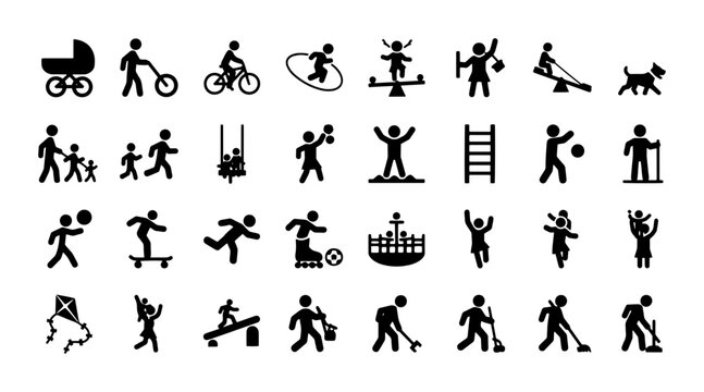 Minimalist playground icons set, black stick figure silhouettes of children playing, 32 vector pictograms of outdoor park activities and kids sports