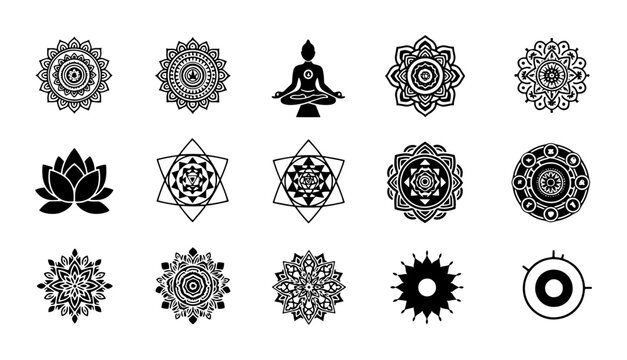Sacred geometry mandala set, 15 spiritual yoga icons, black and white zen meditation symbols, lotus flower and buddha vector elements