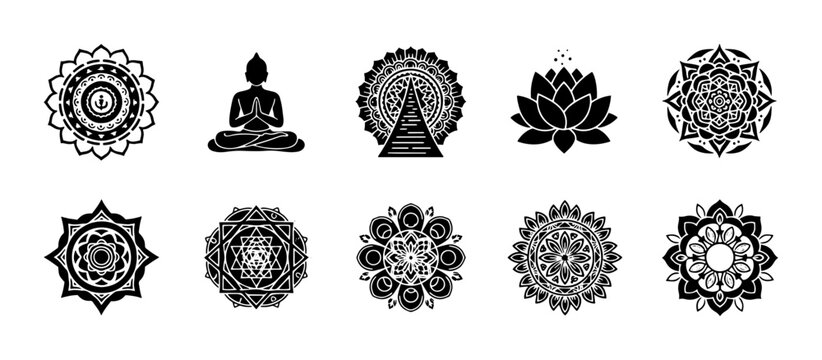 Zen mandala vector icons set, spiritual yoga meditation symbols, black lotus flower and buddha silhouette graphics, 10 sacred geometry elements