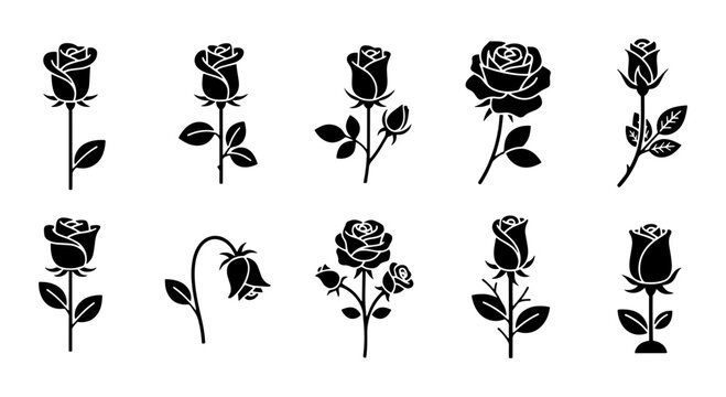 Black rose silhouette icons set, minimalist floral vector collection of 10 botanical rosebuds, elegant garden flower symbols for wedding and tattoo design