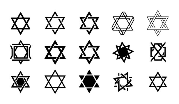 Star of David vector icon set, Jewish religious symbols collection, black hexagram line art elements for Hanukkah and Judaism designs