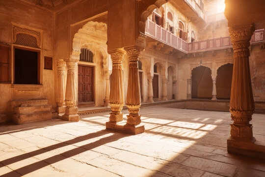 Traditional rajasthani courtyard architecture in jaipur with sandstone pillars and carved balconies, bright sunlight and shadow contrast,