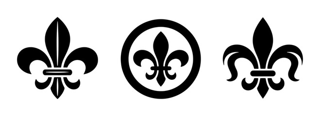 Vintage fleur de lis vector set, black lily flower heraldic symbols, royal french lily icons for luxury branding and elegant crest design © Sultana