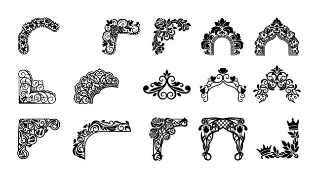 Vintage floral corner borders set, 15 decorative black filigree frames, ornamental victorian scrollwork elements for wedding invitations and stationery
