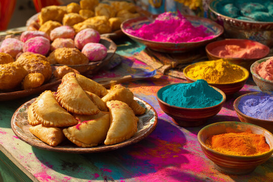 Detailed view of festive holi food table with gujiya, laddoo, malpua and bowls of colorful powdered gulaal nearby, bright vibrant celebration colors, natural daylight, with studio lighting