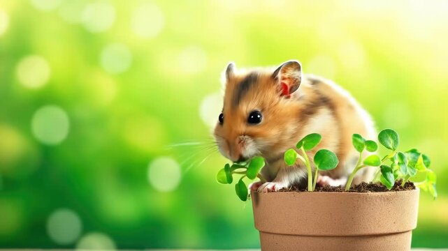 Adorable hamster in a flowerpot with green seedlings on a sunny day