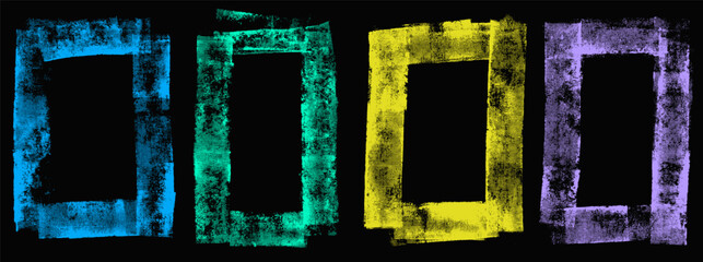Frame grunge roller ink texture with neon paint rectangle for gaming promo and esport banner. Urban letterpress linocut stamp on paper. Vector grungy frames callout with sporty yellow and blue feel. © Syuzann q