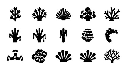 Minimalist coral reef icons set, black silhouette underwater sea life vector elements, 15 ocean nature symbols for marine biology and conservation design © Tanzila