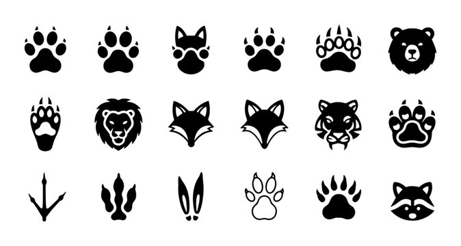 Animal paw prints and wildlife head icons, black silhouette predator track collection, 18 vector elements of forest animal footprints and faces