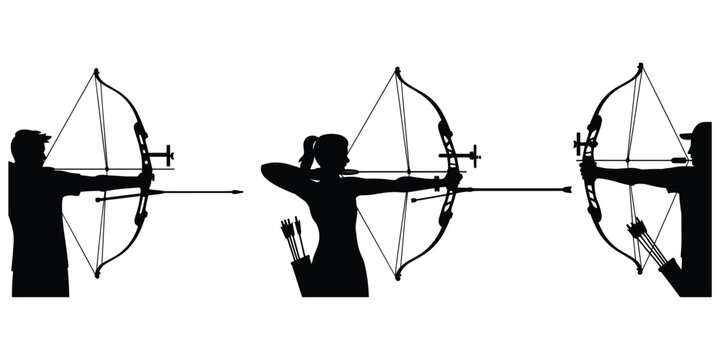 Archery silhouette illustration, compound bow archers artwork, sports focus vector design, precision shooting drawing, black and white style