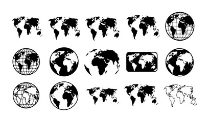 Minimalist world map icon set, black earth globe vector silhouettes, collection of 15 global geography symbols for business and travel logistics © Tanzila