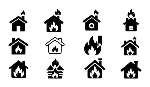 House fire icons set, 12 black silhouette home burning symbols, residential property damage and emergency insurance vector collection