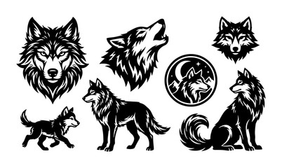 Vintage wolf head and howling wolf silhouette set, black and white wildlife animal vector illustrations, 7 forest predator mascot icons for logo design © Tanzila
