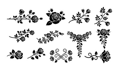 Vintage rose silhouettes collection, black floral branch vector set, elegant botanical rose blossoms and leaves, decorative garden flower icons © Shahriar