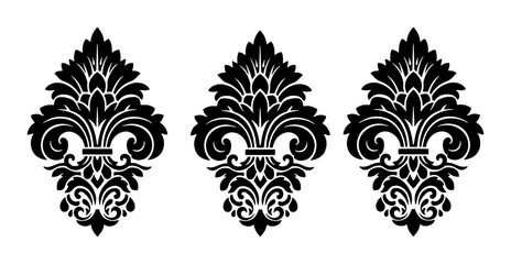 Vintage fleur de lis damask ornaments, black heraldic lily vector icons, elegant floral royal symbols for luxury branding and invitation design © Shahriar