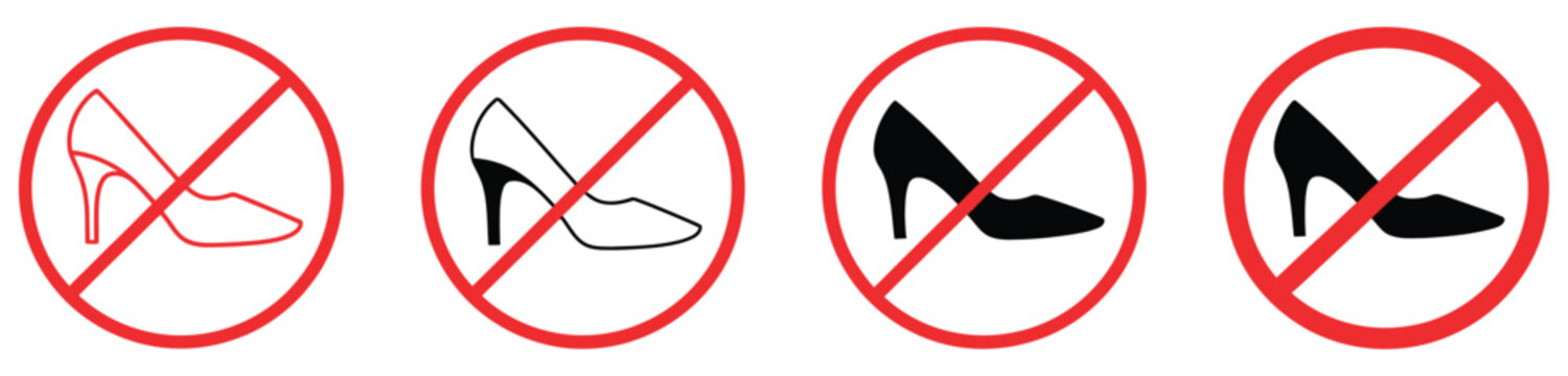 No high heels sign in flat style, basic vector symbol illustration showing prohibition of high-heeled shoes with crossed heel icon, representing safety rules and footwear restrictions