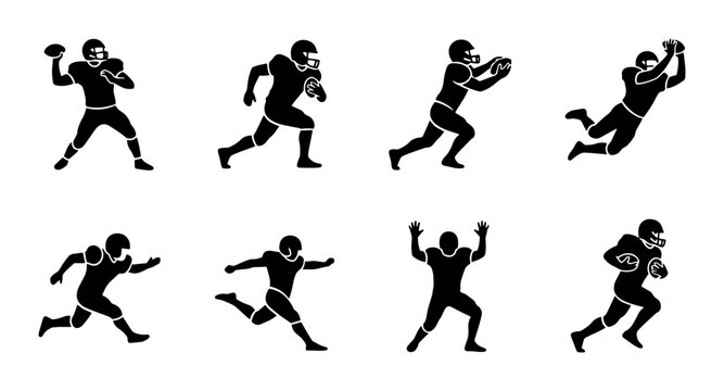 American football player silhouettes set, 8 black vector icons of athletes in action, professional football sports figures for logo design and team branding