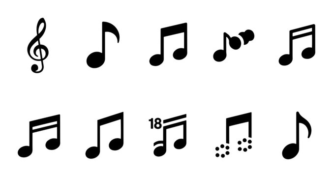 Musical notes icon set, black silhouette music symbols and treble clef vector collection, minimalist sound notation elements for graphic design