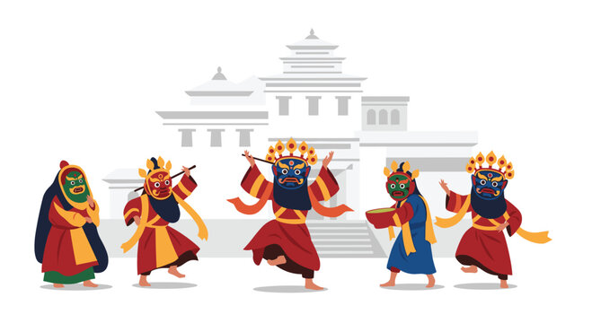Five expressive masked Cham dancers perform a traditional ritual ceremony in front of a pristine white silhouette of a majestic Tibetan monastery structure.