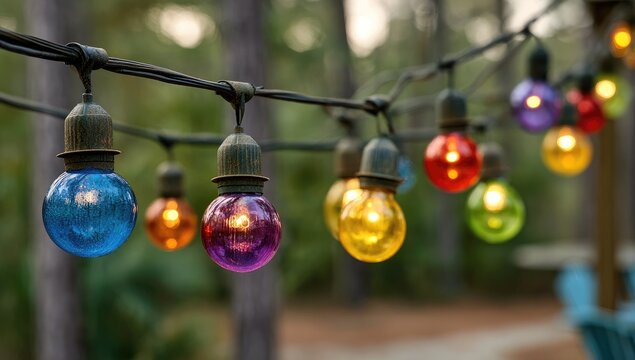 Colorful string lights illuminate a backyard scene with blurred background