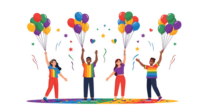 Diverse people celebrating, colorful balloons and confetti, LGBTQ pride, party vector icons