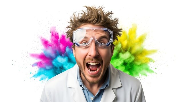 Crazy scientist with colorful explosion background.