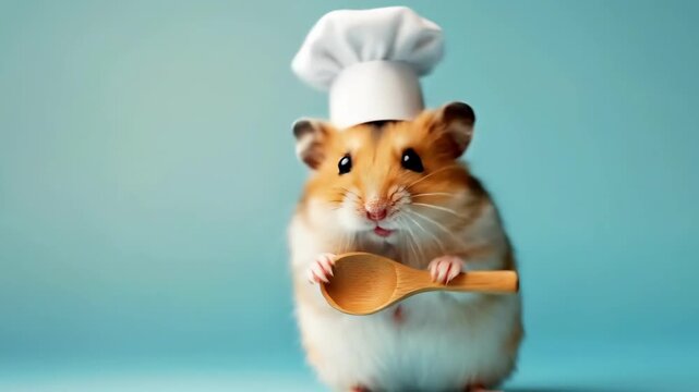 Cute hamster chef holding wooden spoon against blue background