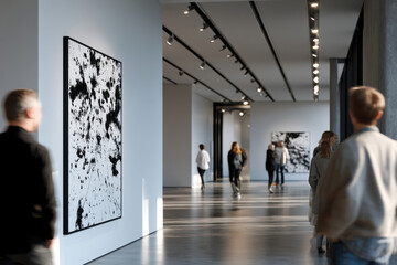Fototapeta premium This image reveals a spacious contemporary gallery where visitors stroll and engage with striking artwork, emphasizing the fusion of modern design and artistic expression in urban settings.