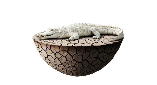 Crocodile resting in stone bowl sculpture.