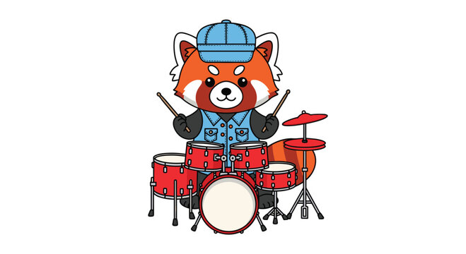 A stylish red panda wearing a trendy denim vest and cap plays a bold red drum kit featuring various percussion components and shiny cymbals in a studio.