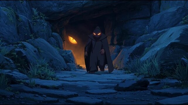 A woman dancing inside a dark vintage cave in a fantasy setting