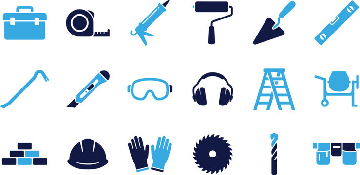 Set of blue construction and renovation tool icons for building projects.