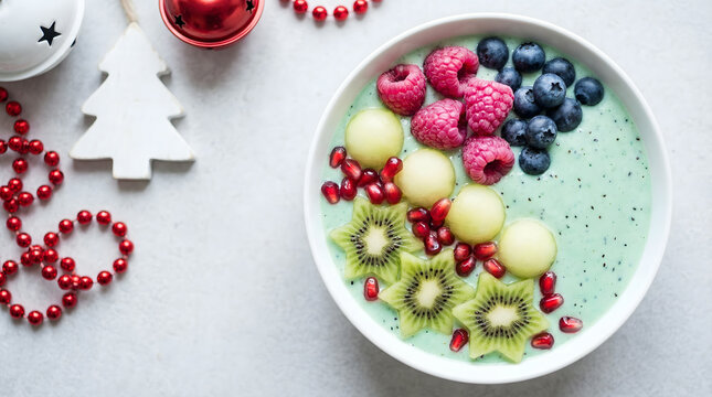 christmas fruit bowl with kiwi, raspberries, blueberries, pomegranate
